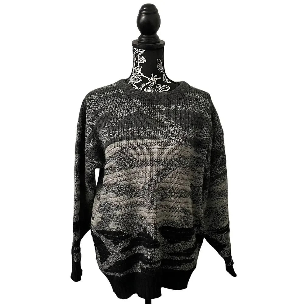 Vintage Van Cort Crewneck Sweater Gray Knit Geometric Retro Funky USA Large
